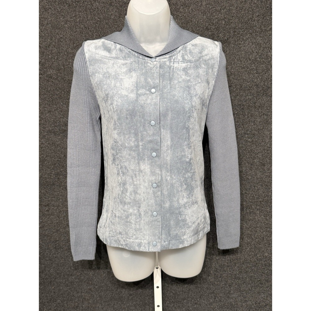 Fantastic VTG Milano Size M  gray velour snap Cardigan Sweater • Ribbed Back